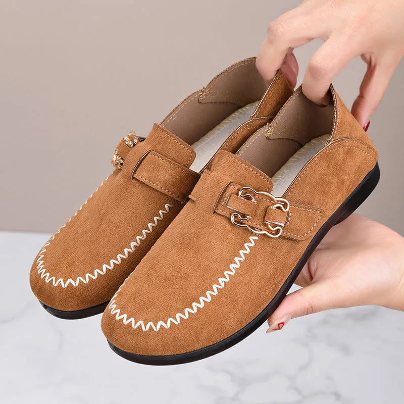 Soft bottom slip-on pumps for women breathable flat heel walking shoes L77 Brown colour
