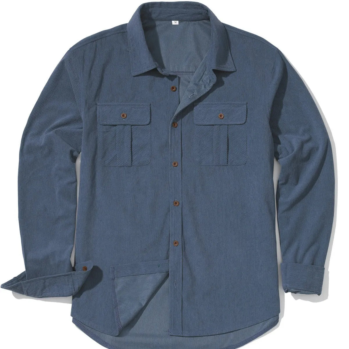 Men's loose-fit corduroy shirt in Japanese retro style, shown in Army Green colour.