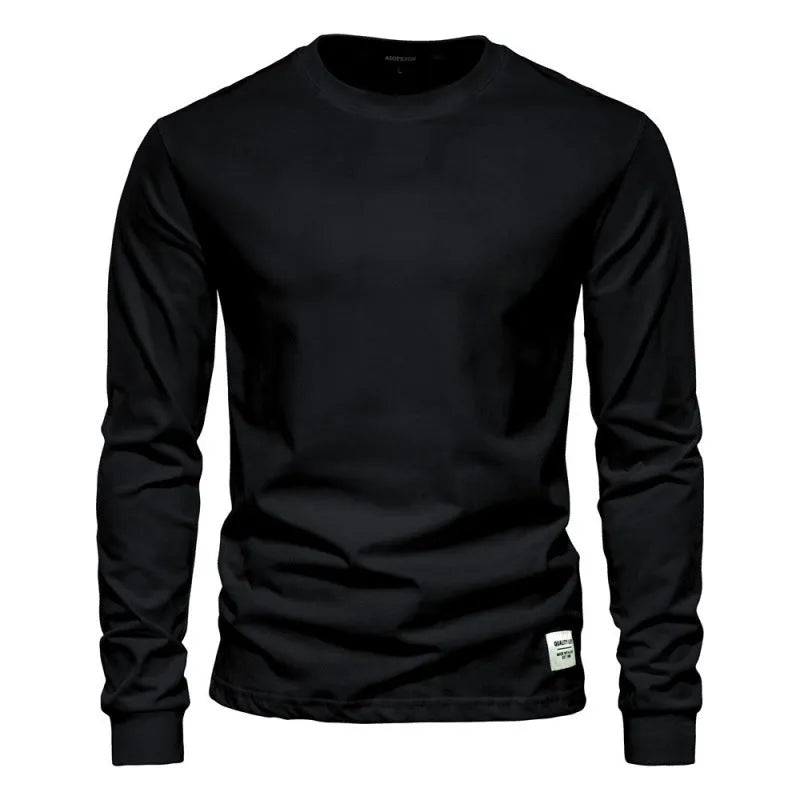 Men's solid colour long-sleeved cotton pullover top in khaki, loose fit, high street casual style
