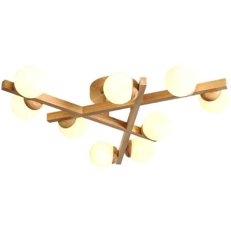 Modern wooden-style ceiling light with three adjustable light heads in a neutral finish