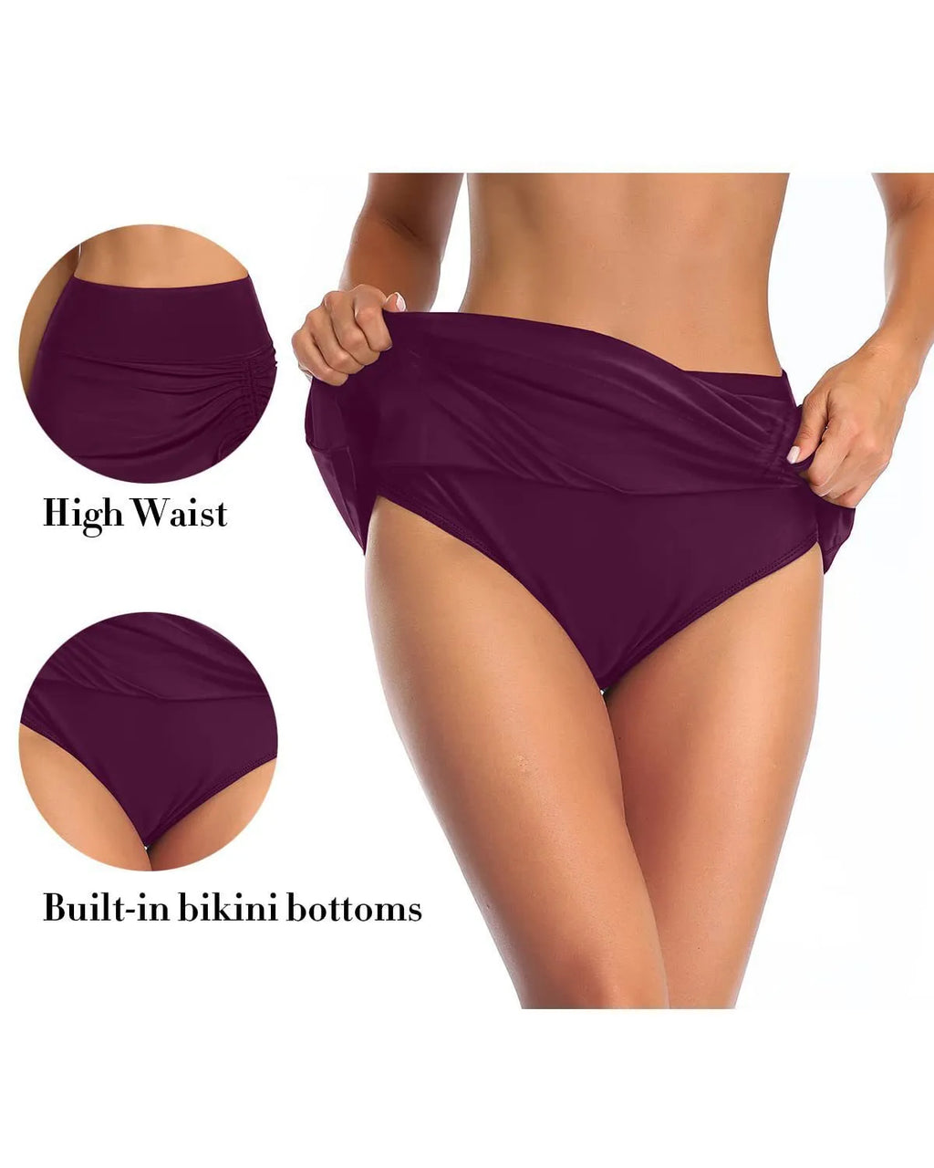 Women's solid colour lace-trimmed polyester swimming trunks in a briefs style on a white background.