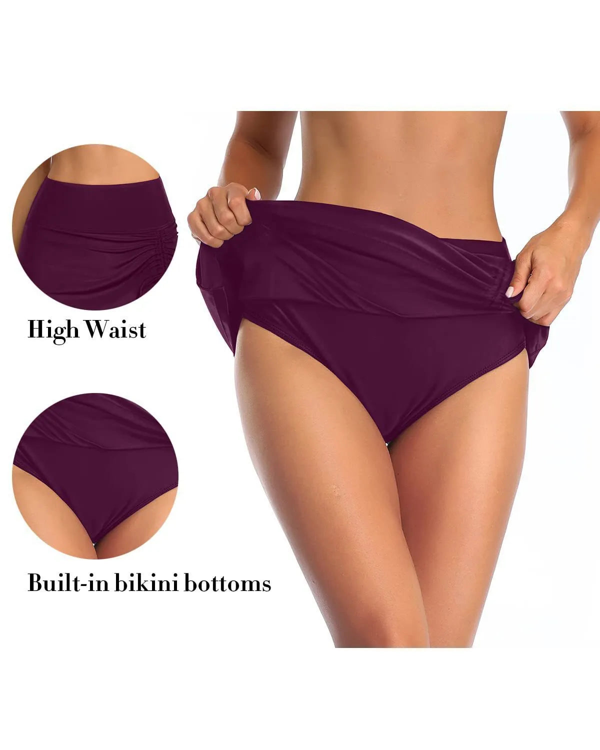 Women's solid colour lace-trimmed polyester swimming trunks in a briefs style on a white background.
