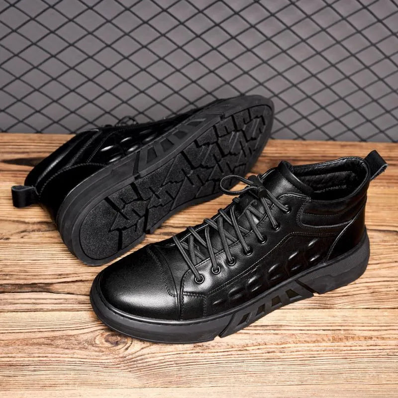 Men's black high-top board shoes with microfiber upper, rubber sole, and sewn detailing