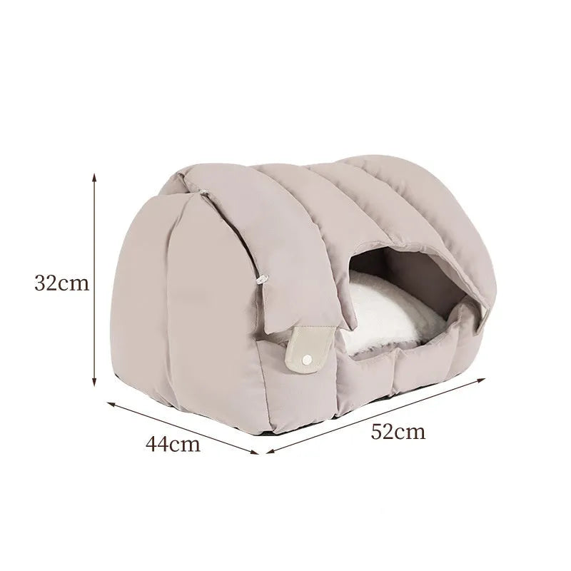 Grey arched cat nest with a detachable sofa base, showing enclosed pet bed design.