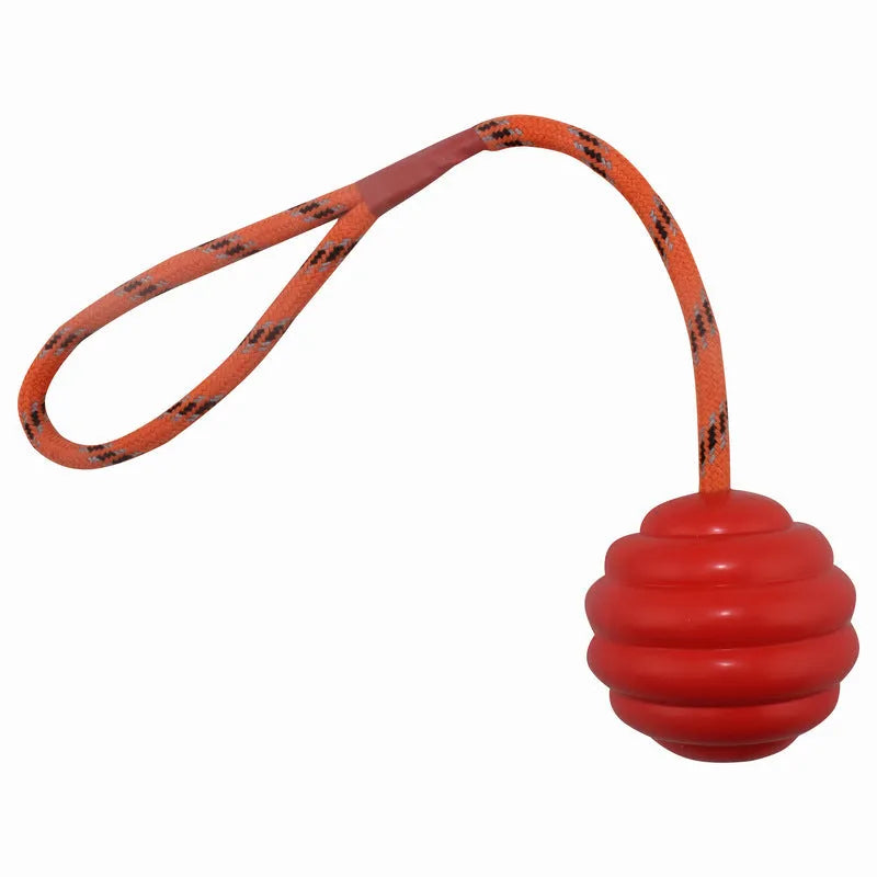 Rubber dog toy ball with rope knot in multiple colours including red, orange, yellow and blue
