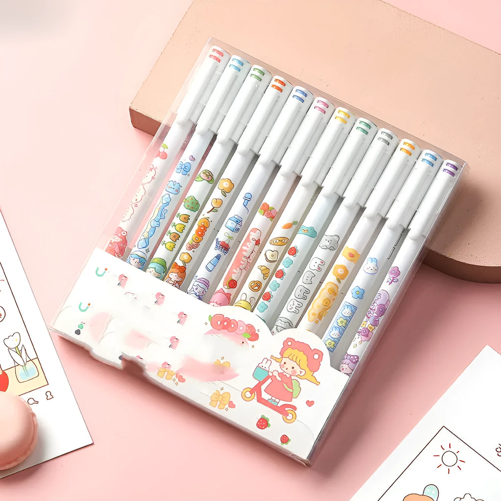 Set of twelve colourful 0.5mm gel pens with plastic bodies for writing and stationery.