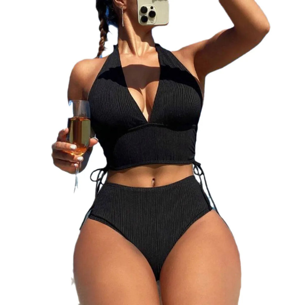 Women's black halter bikini with lace-up detail and briefs style bottom