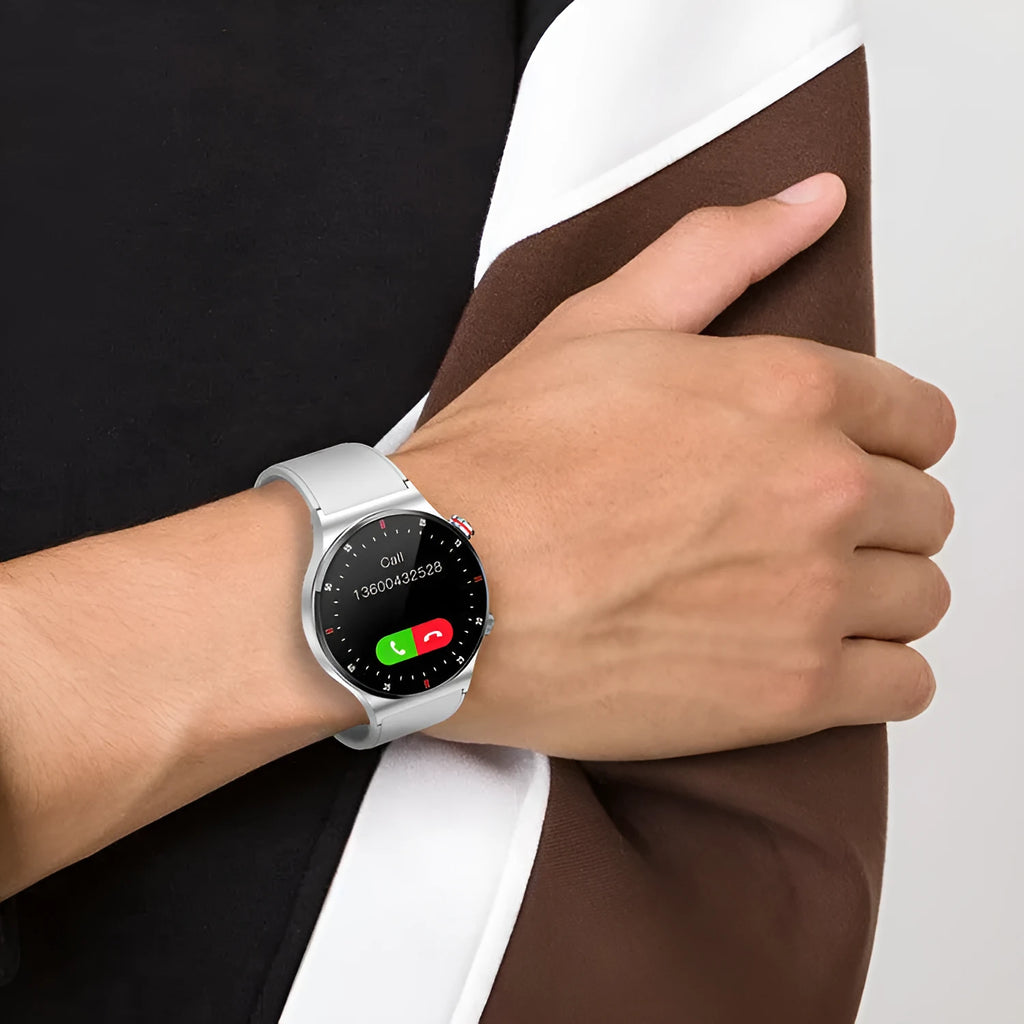 Smart sports watch with black silicone wristband and 1.28-inch touch screen displaying fitness metrics