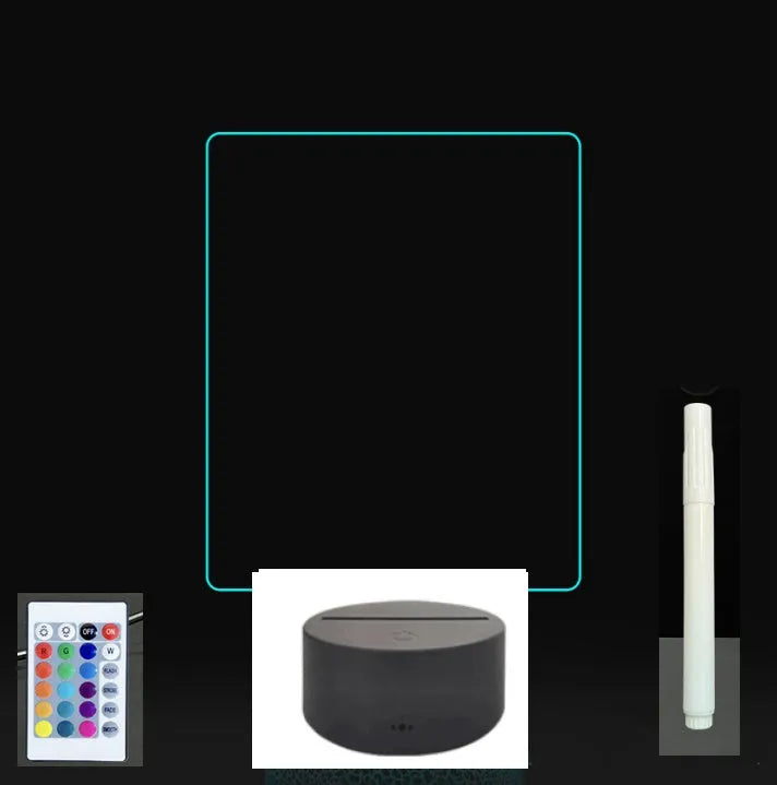 3D acrylic LED message board with touch control, black ABS base, USB cable, and stylus pen on desk