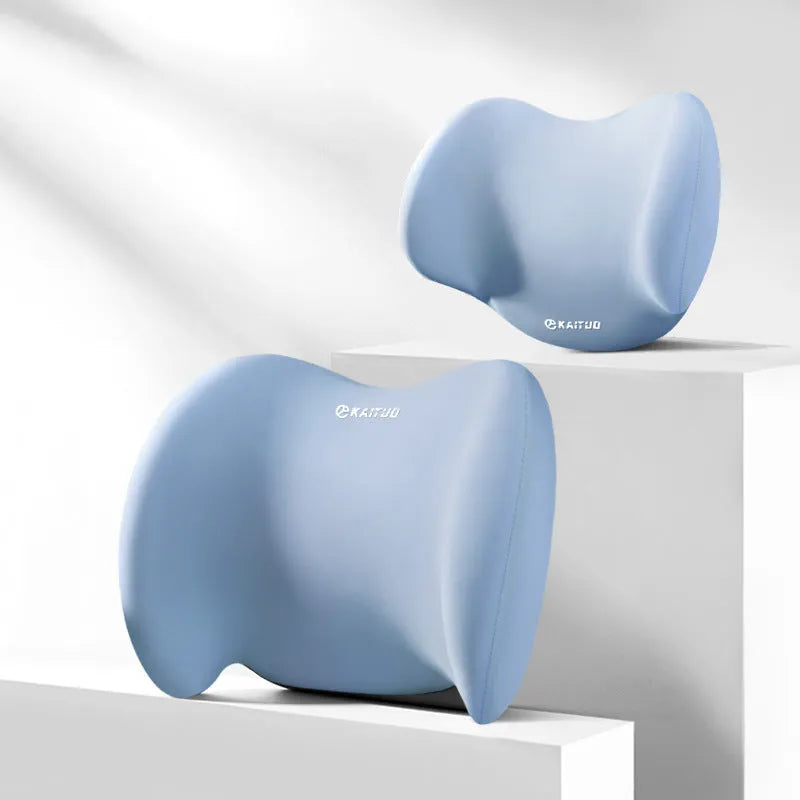 Grey and black memory foam car headrest and lumbar support pillows with cotton covers