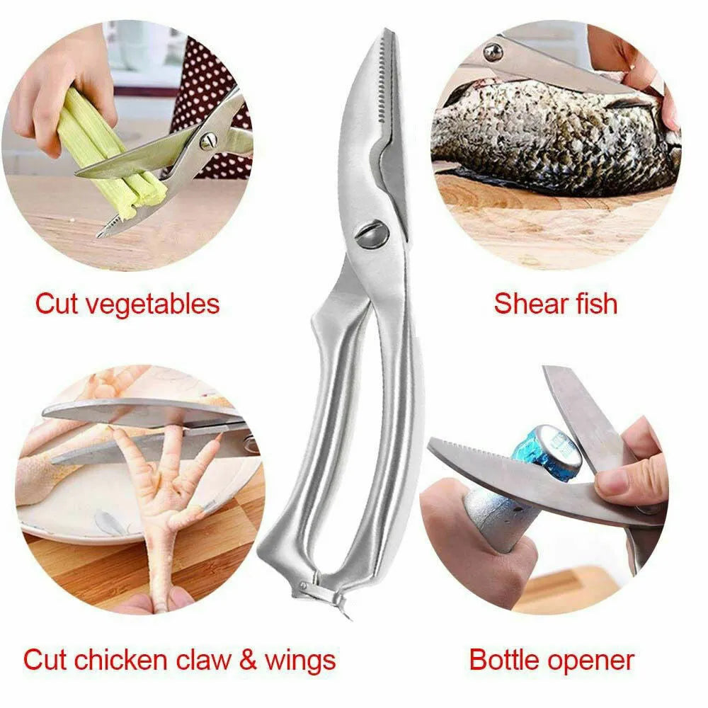 Silver stainless steel kitchen shears 25cm with serrated blade and ergonomic handle for cutting poultry bones