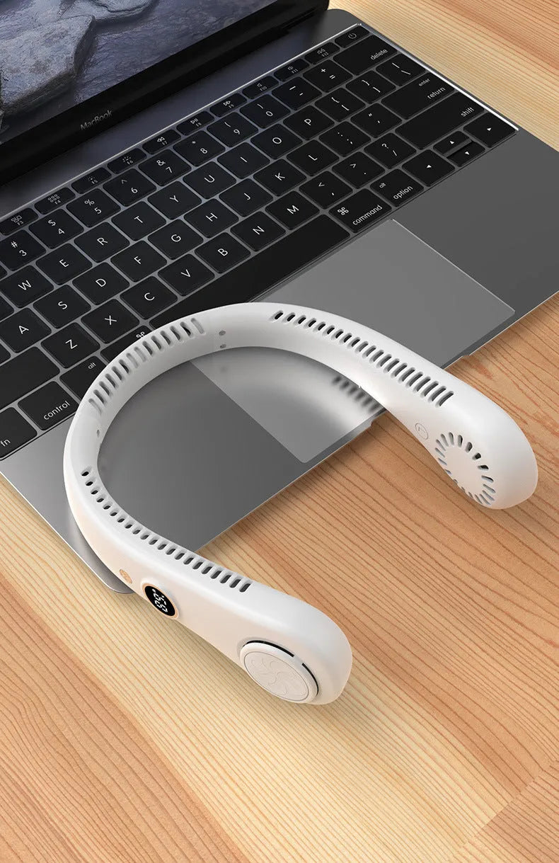 White USB rechargeable bladeless neck fan being worn, showing its flexible neckband and compact design.