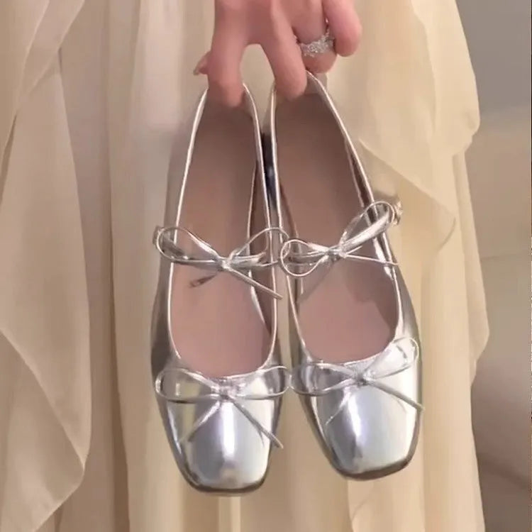 Silver chunky heel square toe low top high heel shoes with microfiber lining, size 34-40