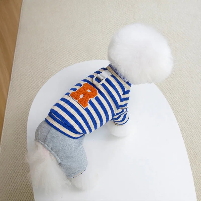 Small medium dog wearing striped four-legged hoodie jumpsuit in black beige colour for autumn winter
