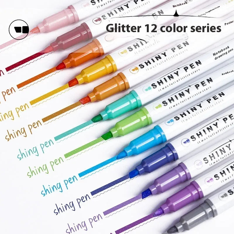 Set of four glitter highlighter pens with slanted tips in pastel colours including taro puff and peach blossom puff.