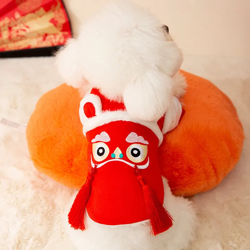 Lion Dance pet Tang suit cotton-padded red top with embroidery and festive tassels for dogs