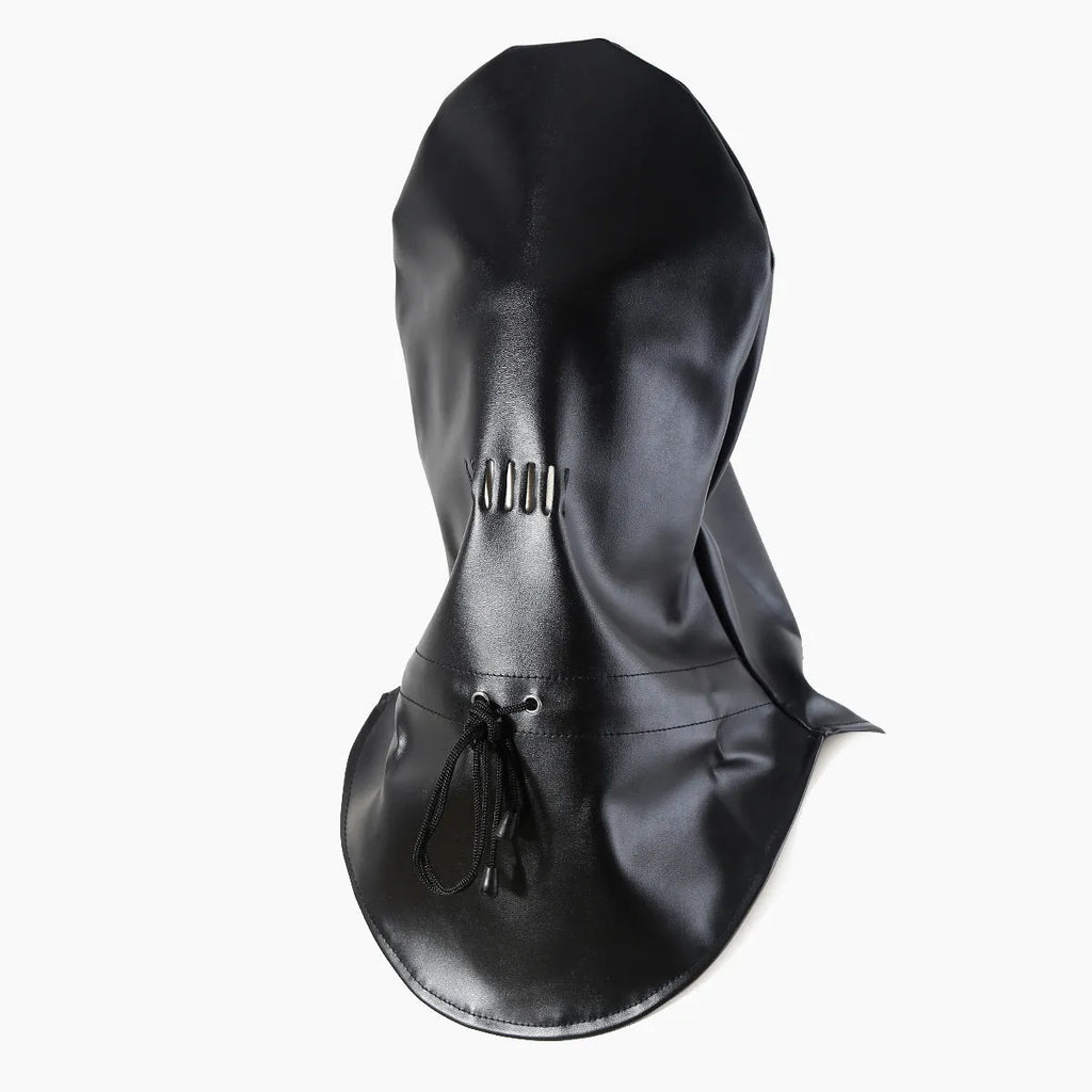 Black leather adult face mask with breathable mesh eye area and adjustable fit straps