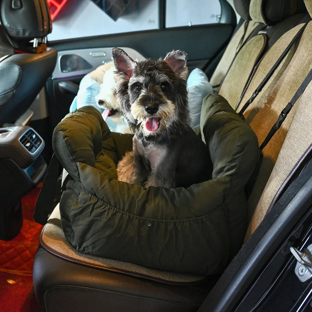 Portable cloth dog car kennel with net pockets shown in light blue, army green, striped, and dark blue colour options.