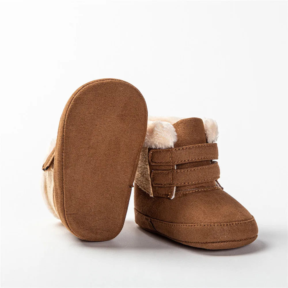Boys' Casual Solid Colour Plush Lined Cotton Shoes from Fashion Plush with Soft Artificial PU Upper, Outer Sole Lengths 11.5cm, 12.5cm, 13.5cm for Toddlers Aged 12-36 Months and 24-48 Months in Black, Brown, Grey, Navy Blue, Rose Red