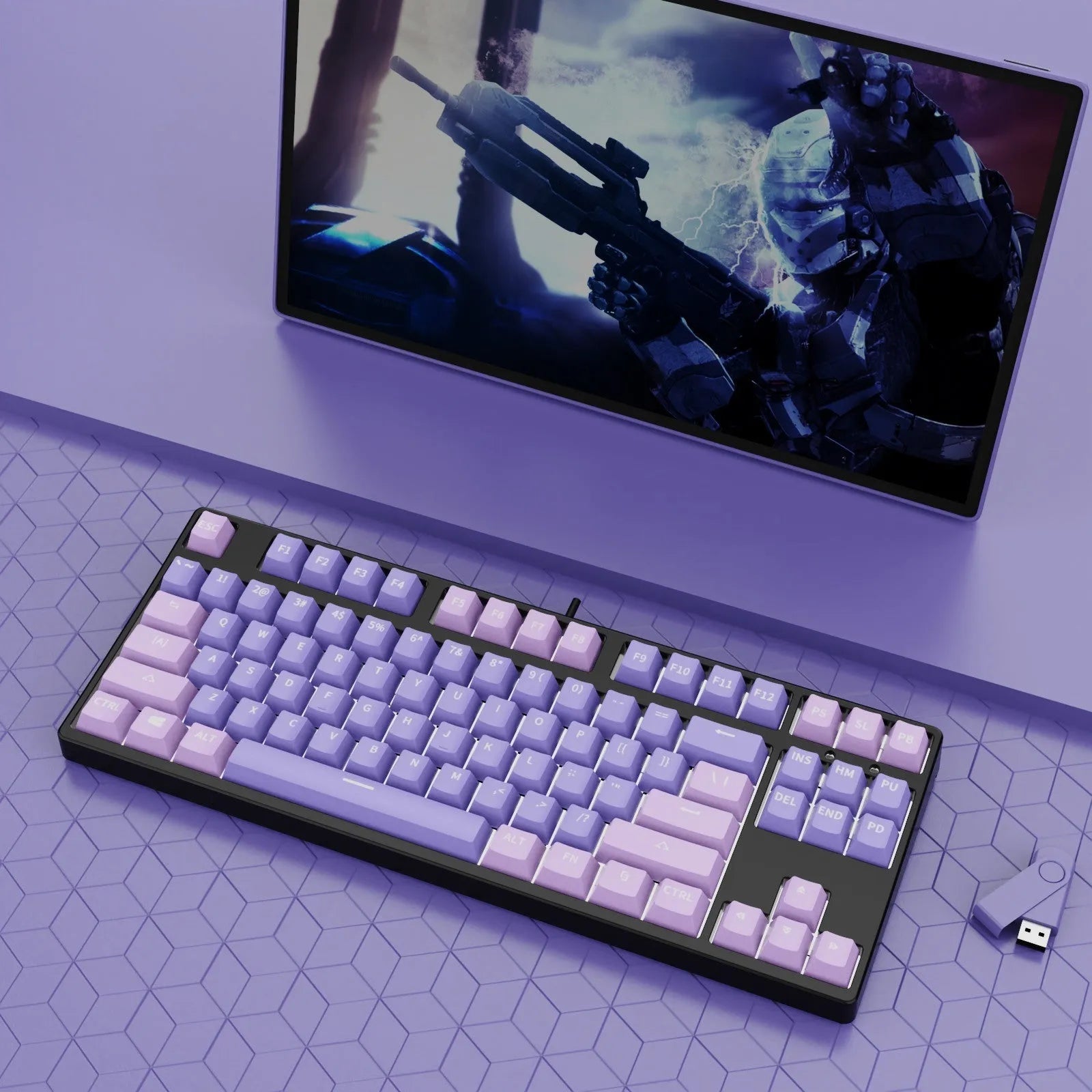 87-key hot-swappable mechanical keyboard with dual-colour backlighting and metal construction.