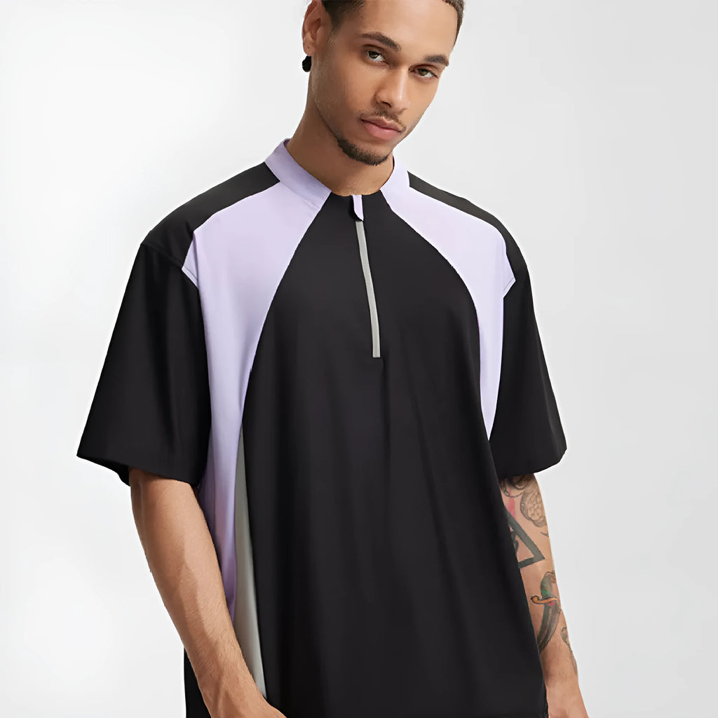 Men's black and beige polyester tops with stitching detail in long and short sleeve versions
