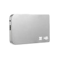 Silver USB 3.0 portable solid state drive with metal casing next to its included data cable.