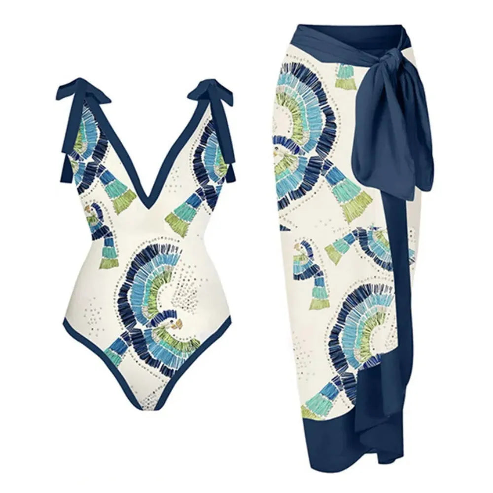 Blue French retro one-piece swimsuit with gauze skirt on a beach setting