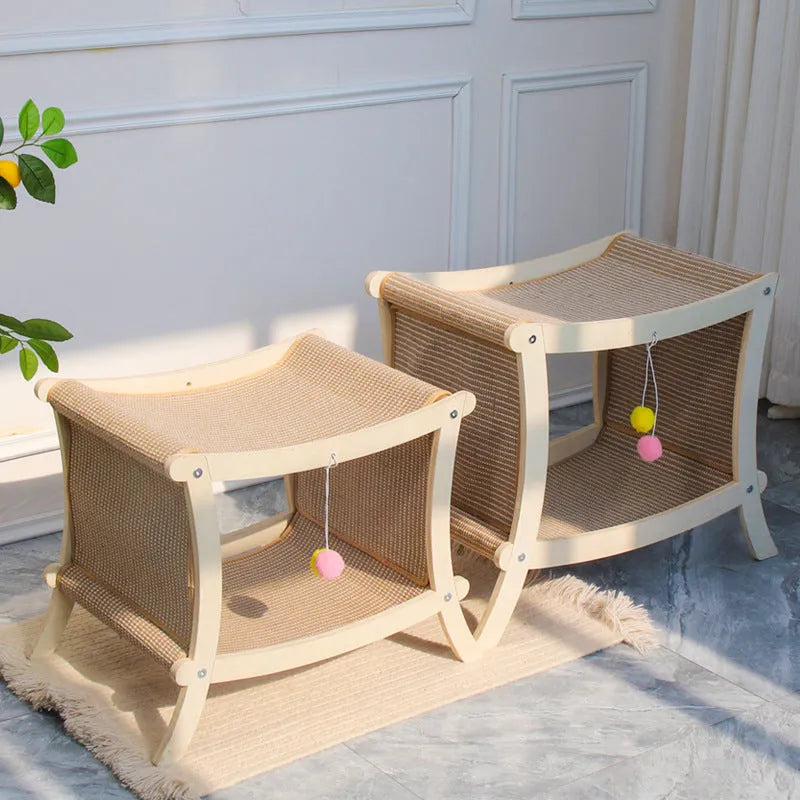 Large double-layer cat nest with solid wood frame and sisal scratch board on top, suitable for cage use