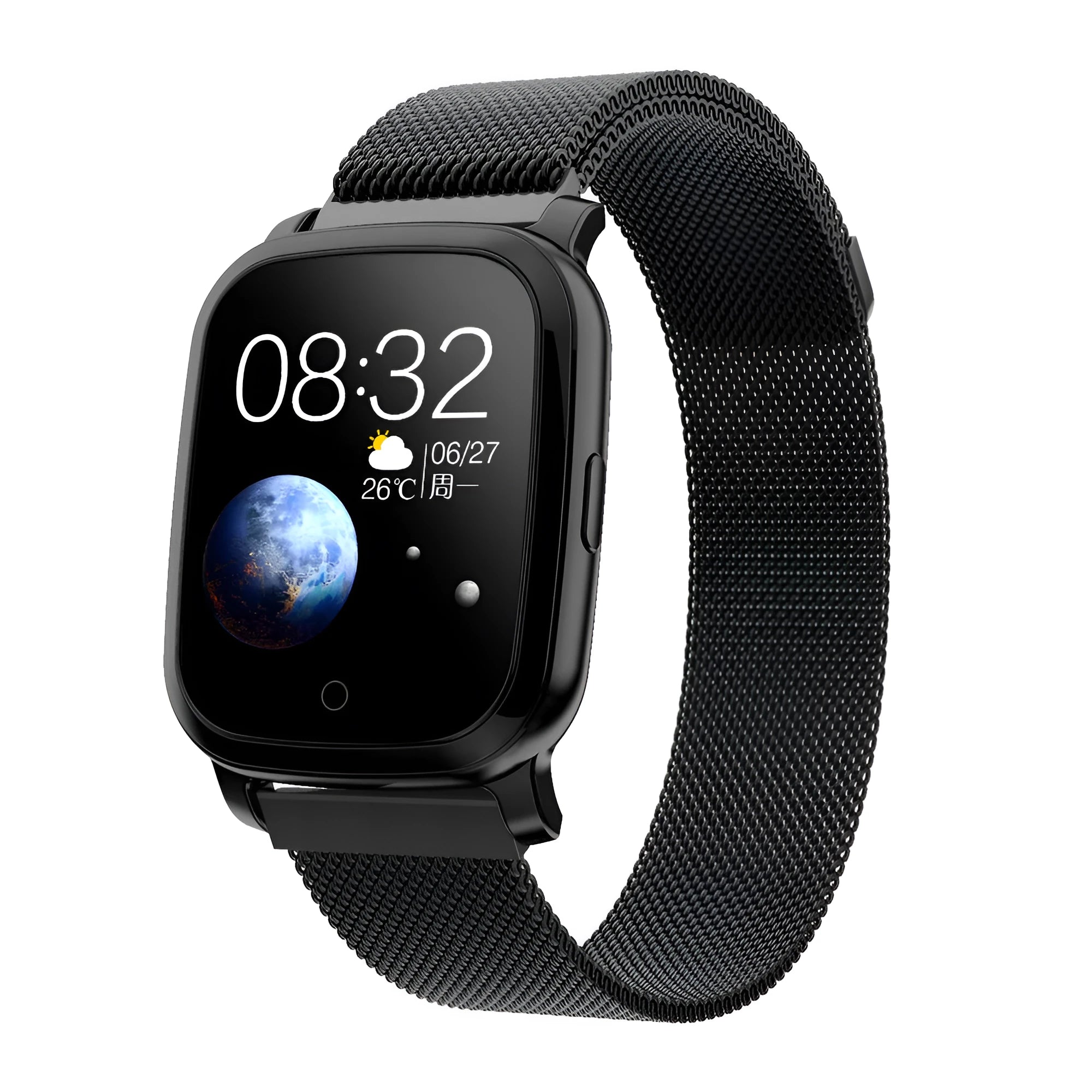 Black smart pedometer watch with temperature measurement on wrist