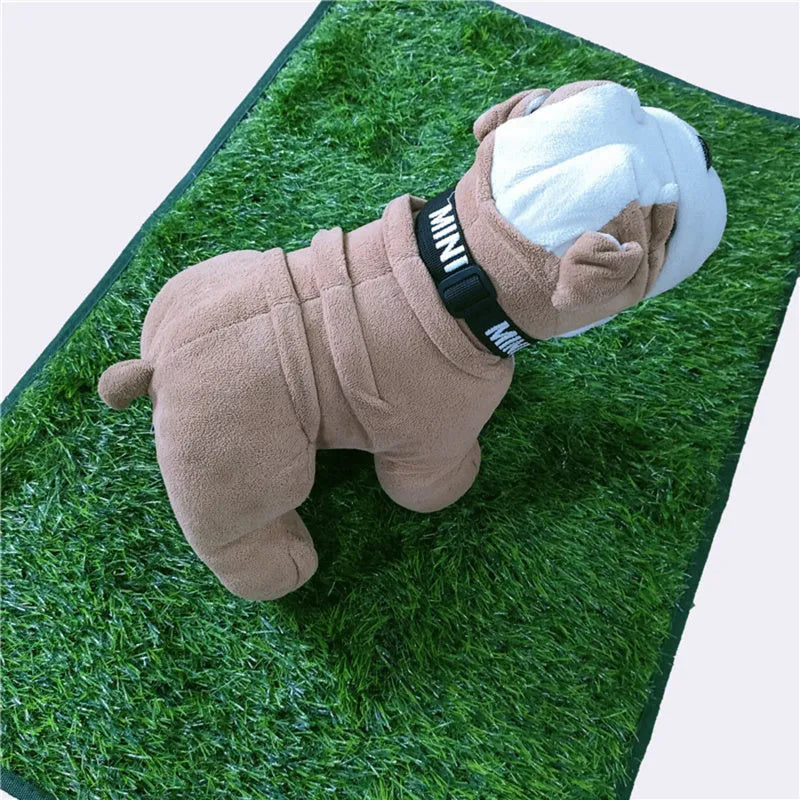 Green realistic dog grass pee training pad with waterproof backing, shown in small, medium, and large sizes.