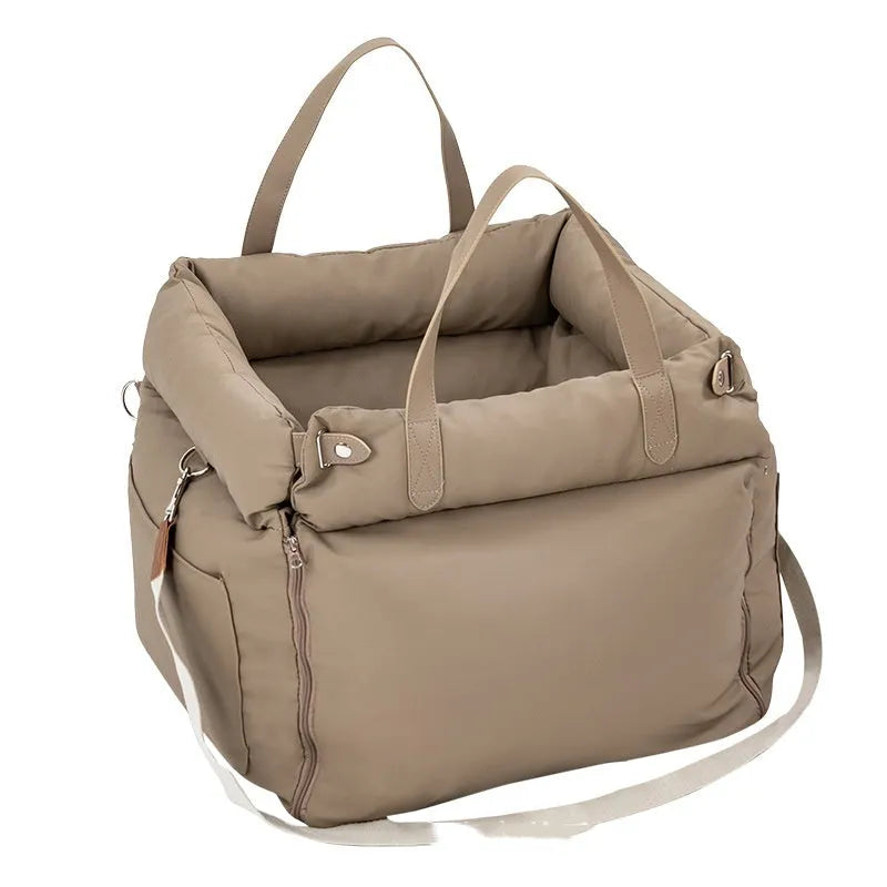 Portable cloth car kennel for cats measuring 55x50x45cm in brown colour variant