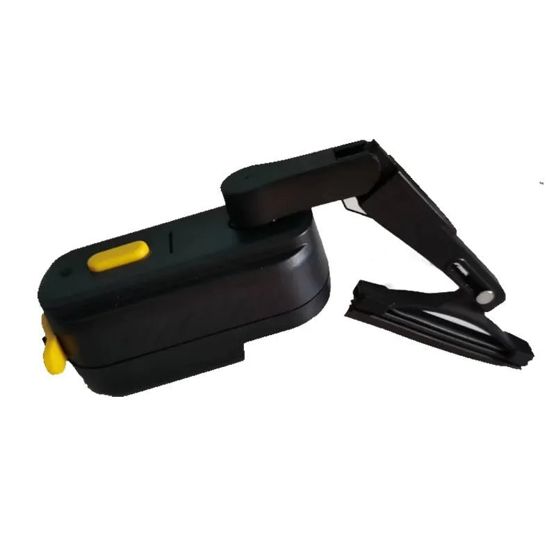 Black plastic 800mA helmet wiper motor with attached 65mm rubber blade for motorcycle visors.