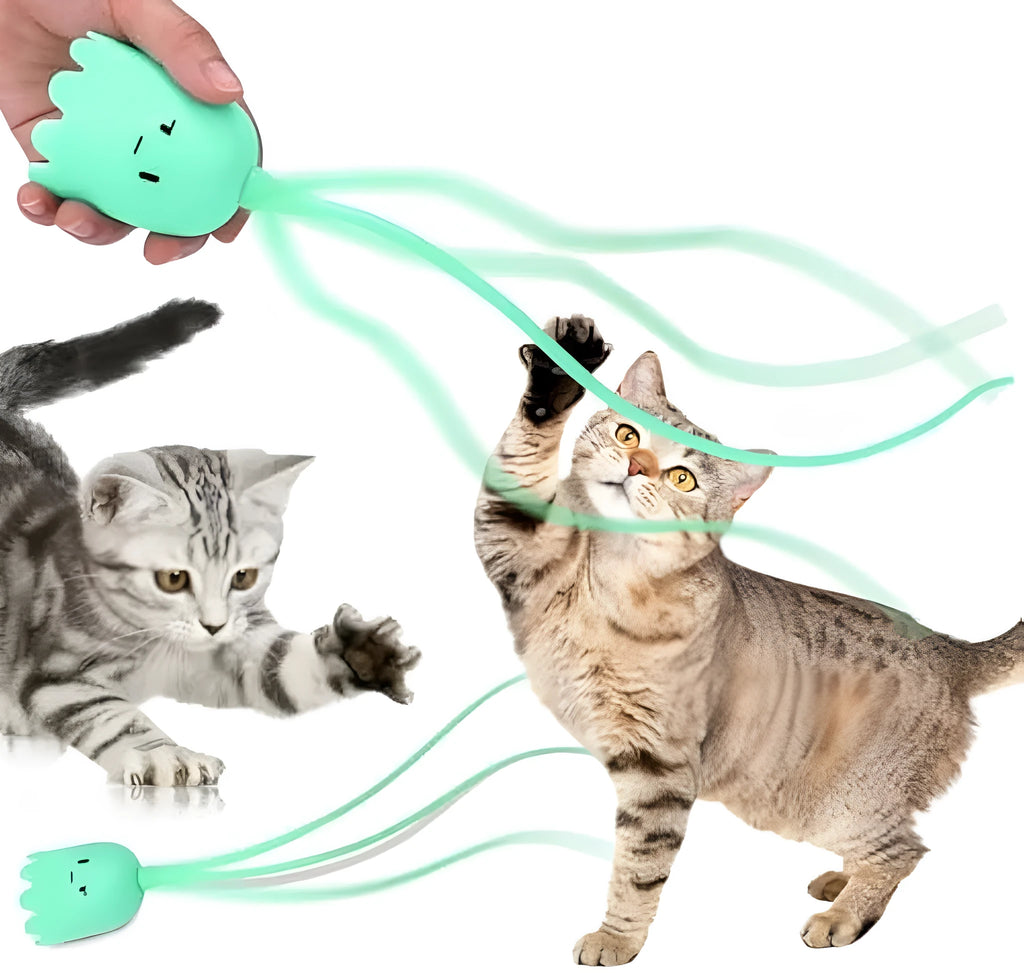 Green automatic cat wand toy with silicone tails rotating for indoor cat play