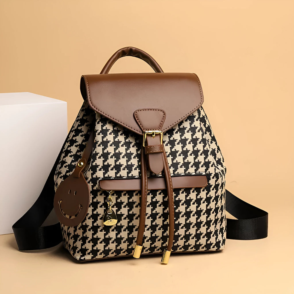 Houndstooth women's medium backpack Ostrich with Khaki contrast colour PU cover opening with car stitching
