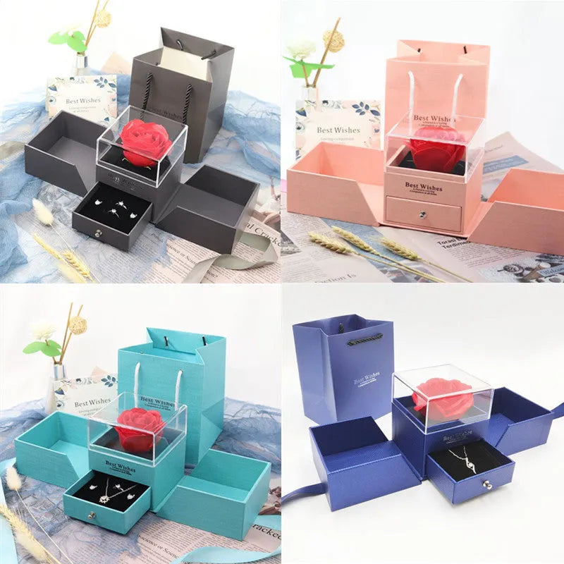 Plastic eternal flower jewellery gift box in choice of colours for Valentine's Day presents.