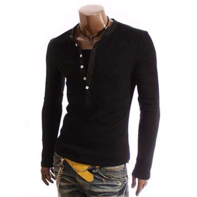 British style men's V-neck cotton Henley T-shirt in solid colour front view