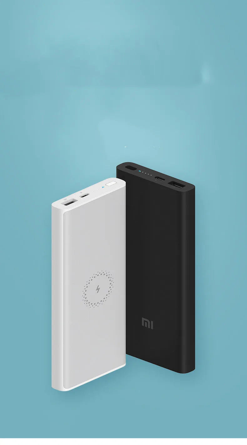 Black and white 10000mAh power bank with USB-C port and wireless charging symbol