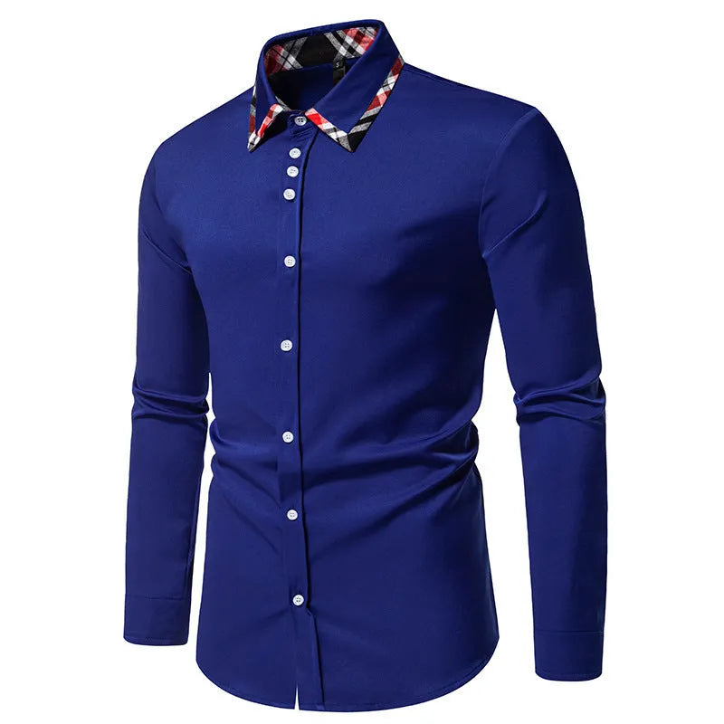 Men's plaid long sleeve shirt with a triangle collar in blue, showing contrast colour detail.