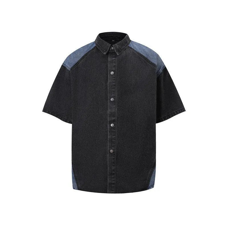 Retro washed denim short-sleeve suit jacket and matching trousers in blue, laid flat.
