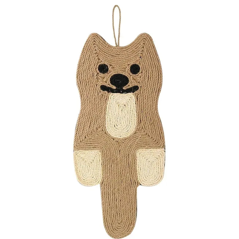 Panda pattern cat scratching mat with sisal surface on grey EVA base, showing dimensions.