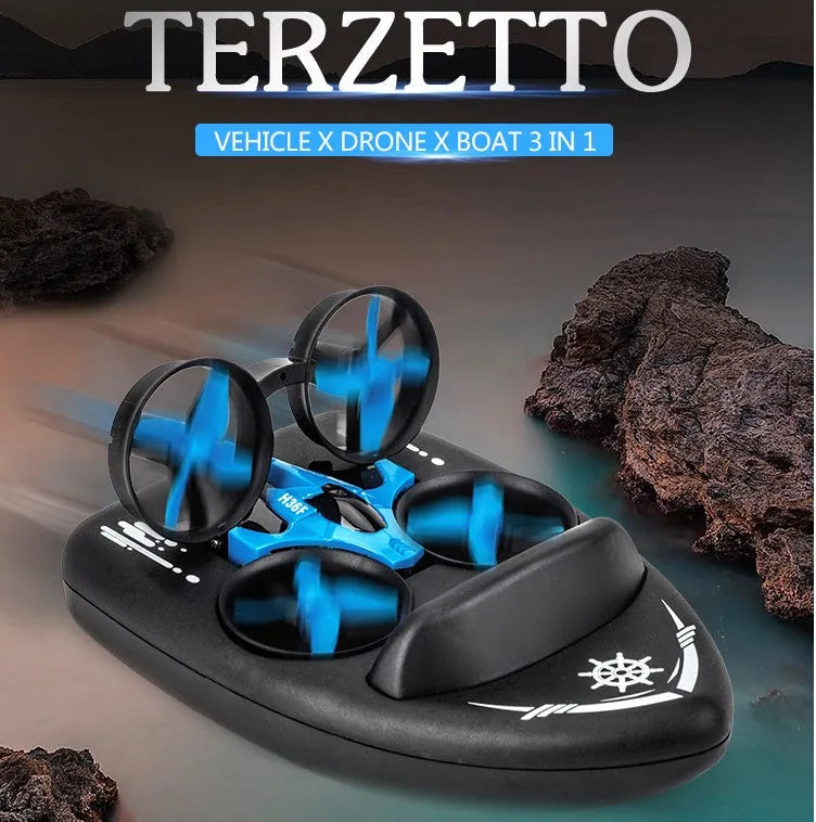 JJRC H36F Terzetto 3-in-1 RC toy shown transforming between drone, car, and boat modes with 2.4GHz remote.