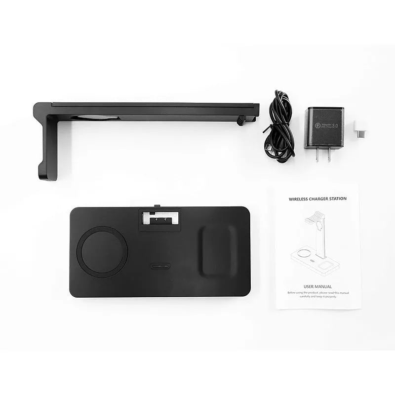 Black wireless charging station for phone, watch and headphones with indicator lights