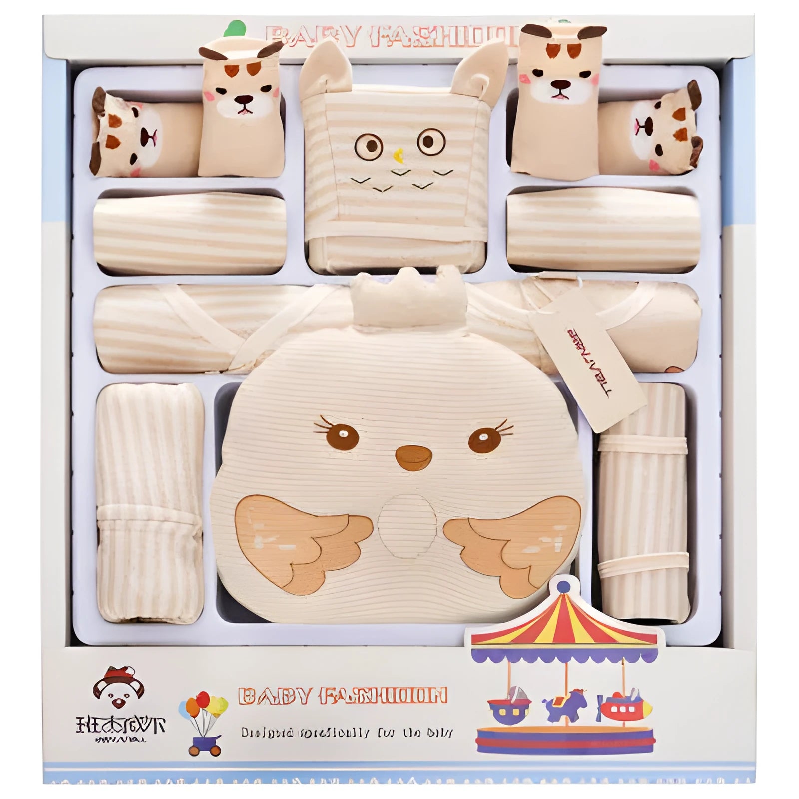 Beige 100% cotton baby cardigan suit set with cartoon animal prints for newborns.