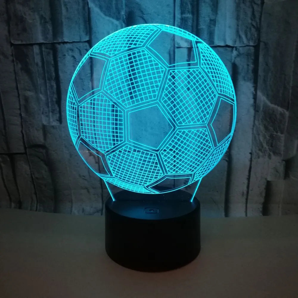 3D football night light showing colour-changing acrylic sheet on black ABS base.