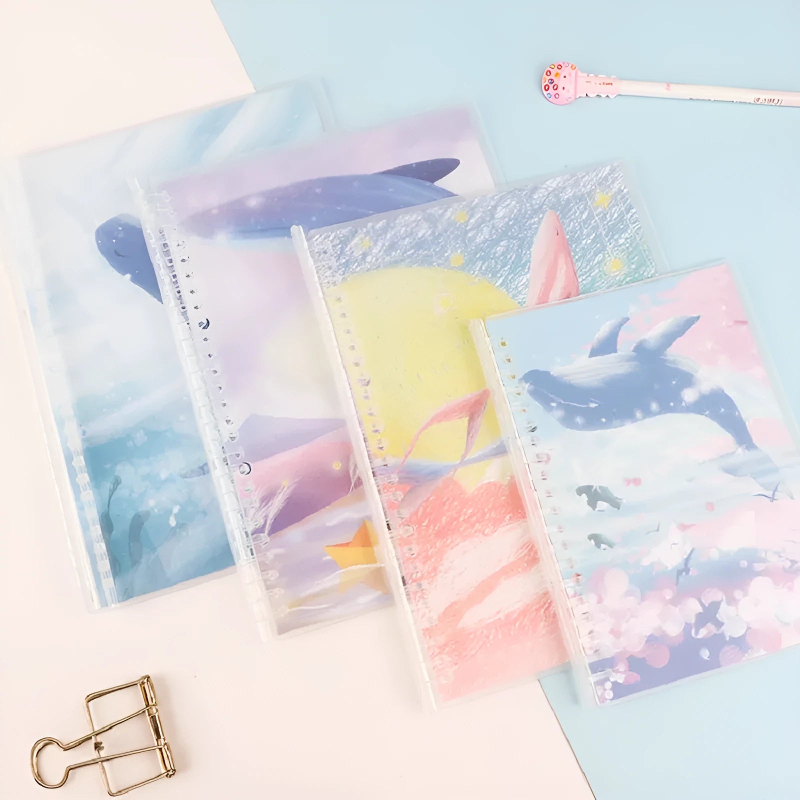 A5 and B5 animal design notebooks with hard covers in strawberry, orange, peach, cherry blossom, and whale patterns