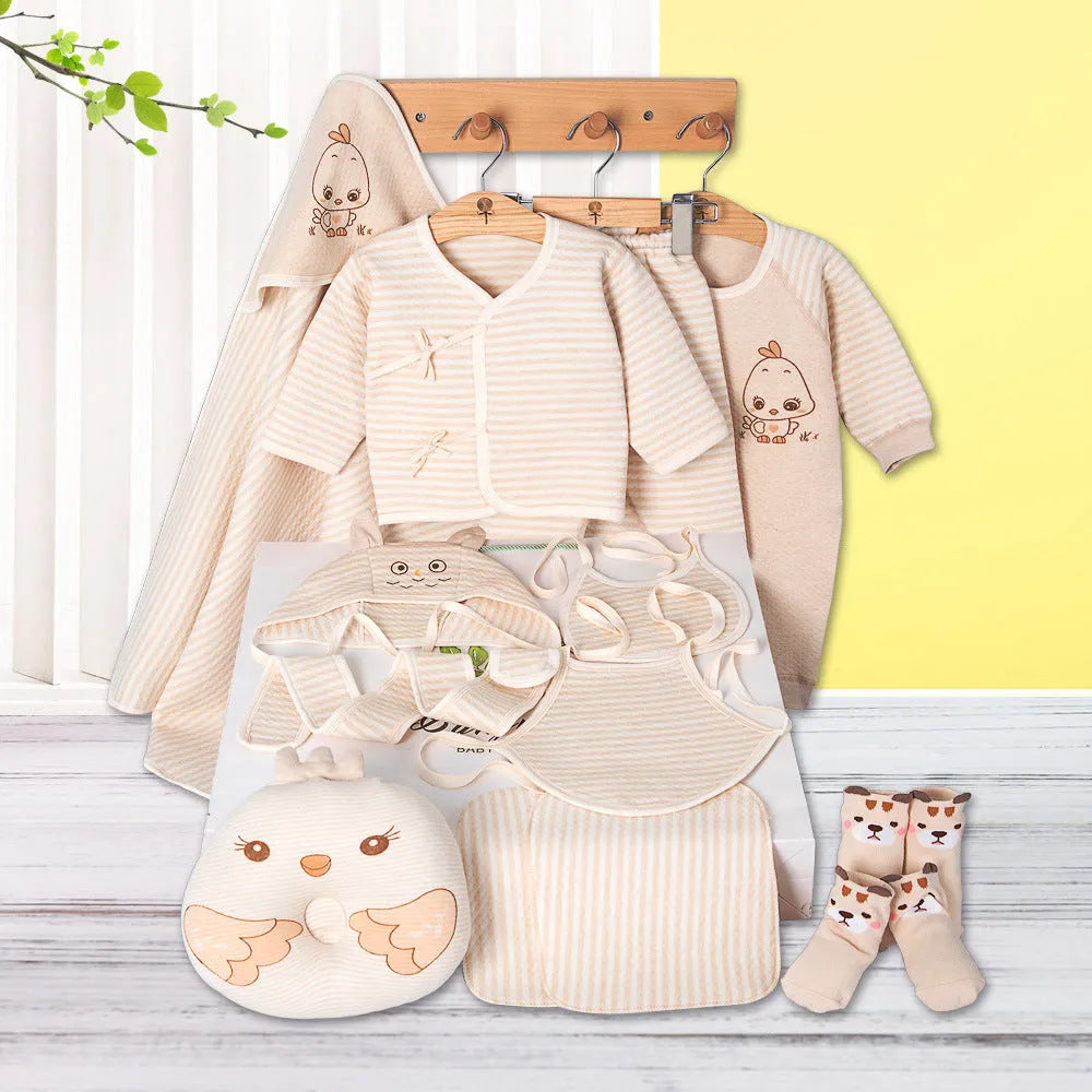 Beige 100% cotton baby cardigan suit set with cartoon animal prints for newborns.
