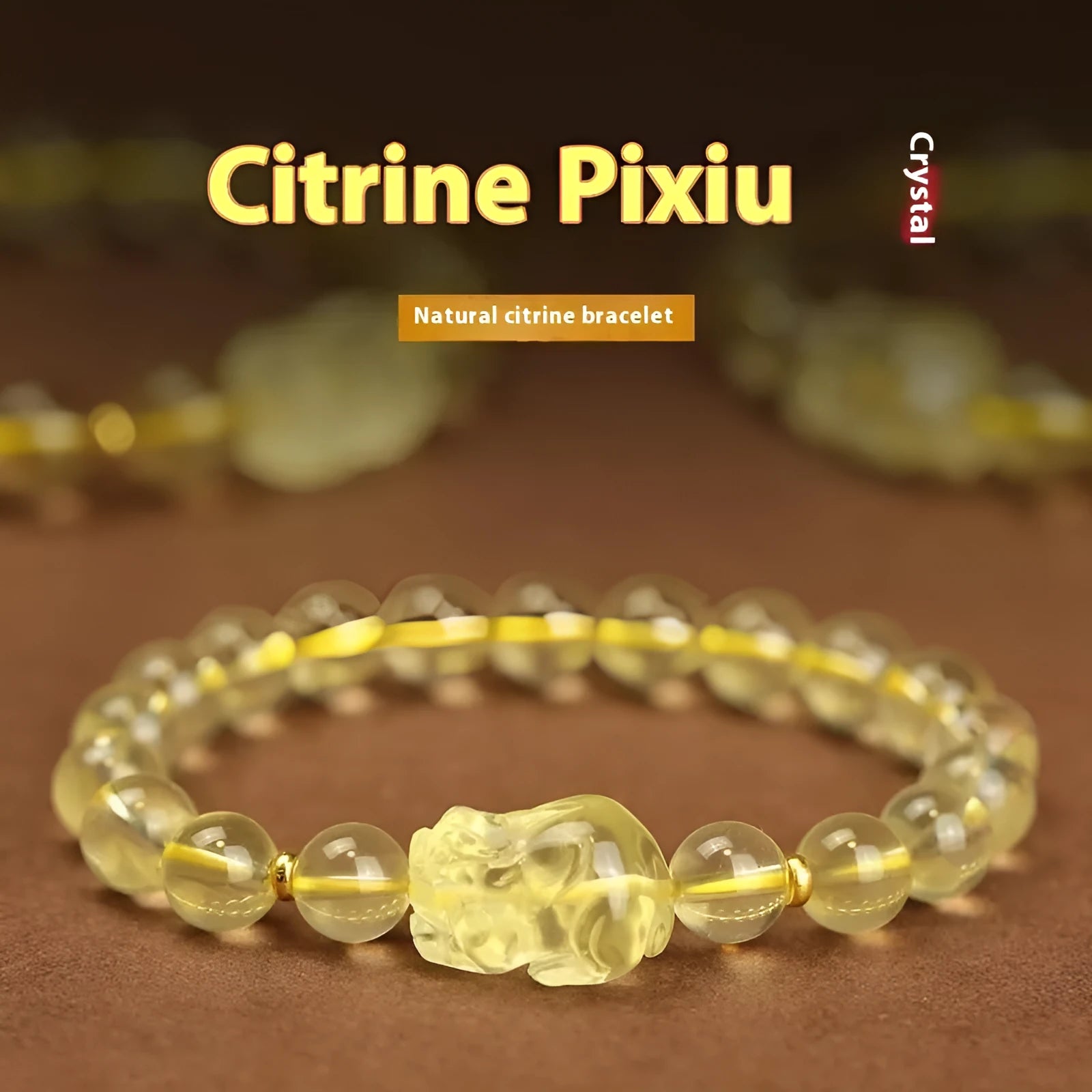 Yellow leather bracelet with citrine artificial crystal beads and Pi Xiu charm in Chinese national style.