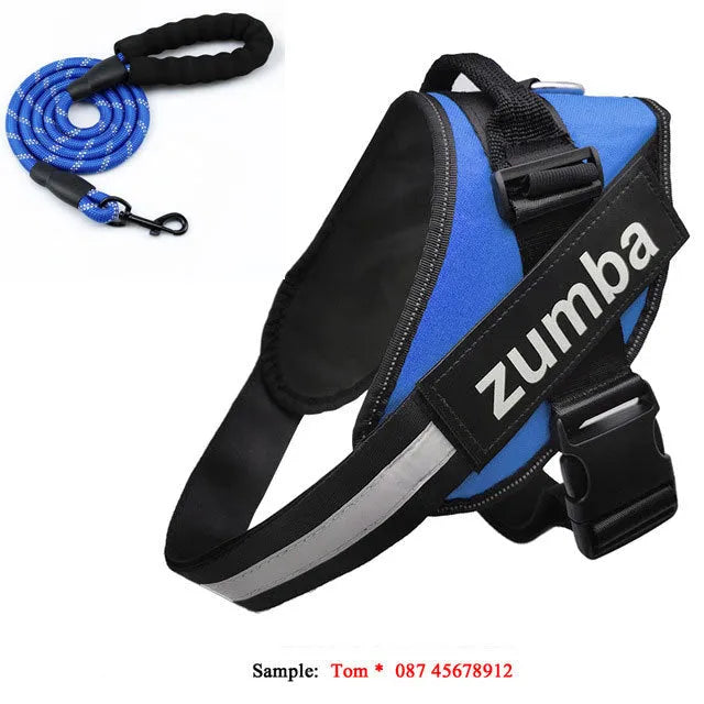 Reflective adjustable nylon dog harness and leash set in six sizes XS to XXL, seven colours available