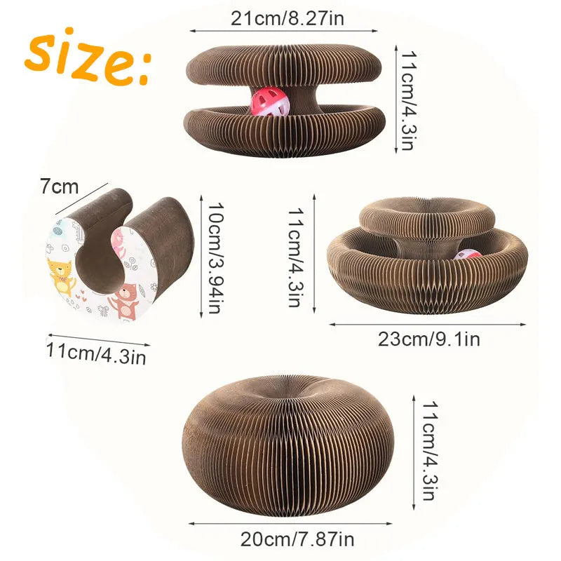 Pet magnetic folding organ toy cat scratch board in white with ball and menthol accessories on paper surface