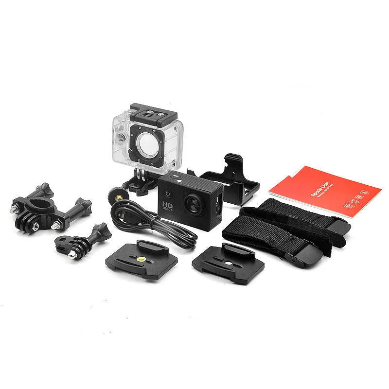 Waterproof sports camera 480P in black with LCD screen and waterproof case
